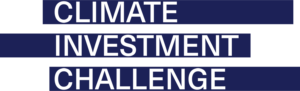 Climate Investment Challenge in white letters on blue lines.